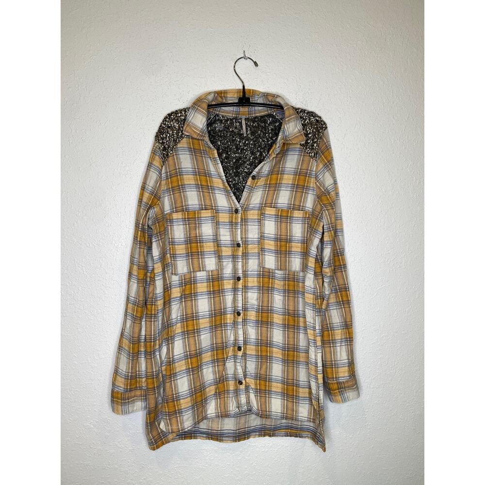 Free People Plaid Button Down Flannel Tunic Shirt Sequin Detail EUC Sz M Gold